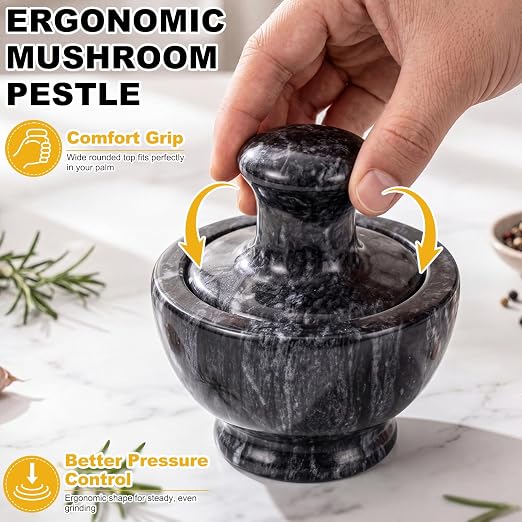 Hushee Marble Mortar and Pestle Set 3.74 Inch 1/2 Cup Stone Grinder with Mushroom Pestle Brush and Non Slip Pads Small Spice Grinder Pill Crusher for Herbs Garlic Spices Kitchen Tool