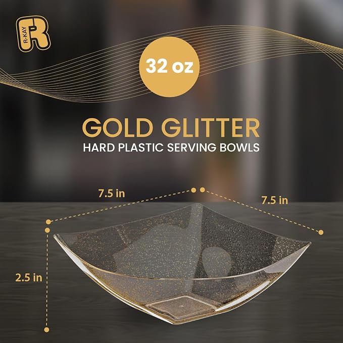 R-kay 6 Pack Gold Glitter Plastic Serving Bowls - 32 Oz Gold Plastic bowls - Salad Bowls Large Serving, Premium Duty For Weddings Catering And Birthday parties