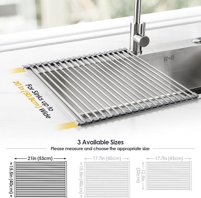 Tomorotec Roll Up Dish Drying Rack Over Sink, 304 Steel, 21x15.5, Grey | Anti-Slip Silicone Rims For Grip, Heat-Resistant Trivet Mat Holding Heavy Cookware, Rustproof Kitchen Counter Space Saver