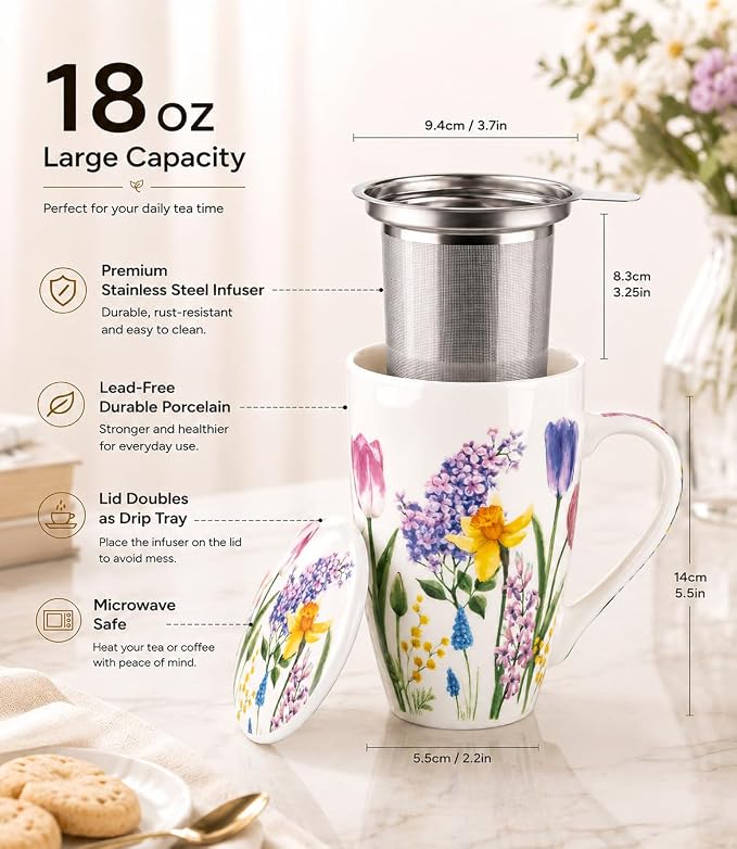 GBhome Tea Mug with Infuser and Lid,18 Ounce Ceramic Loose Leaf Cup Steeper | Lead-Free Glaze For Tea Lovers,Microwave & Dishwasher Safe with Tea Strainer