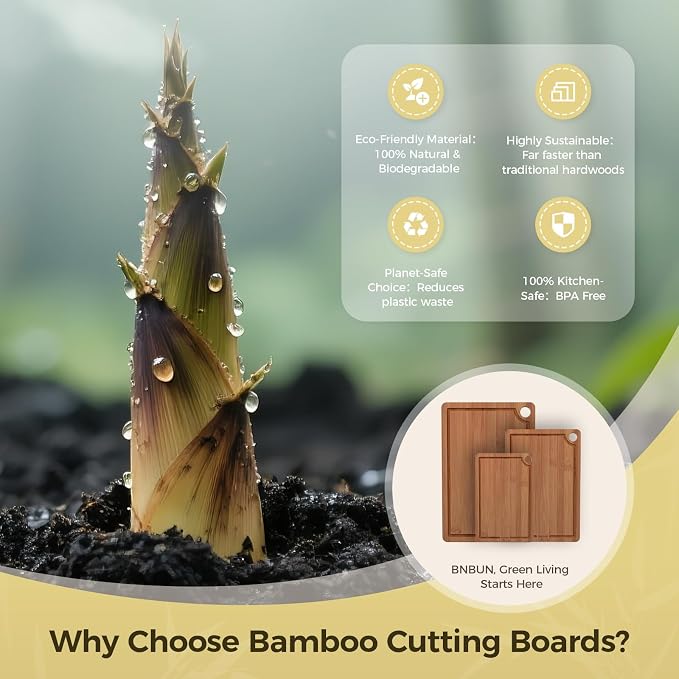 Bamboo Cutting Board for Kitchen, 3-Piece Wooden Cutting Board Set with Deep Juice Grooves, Side Handles, Non-Slip Mats, Reversible Boards for Meat, Vegetables, Fruit and Cheese