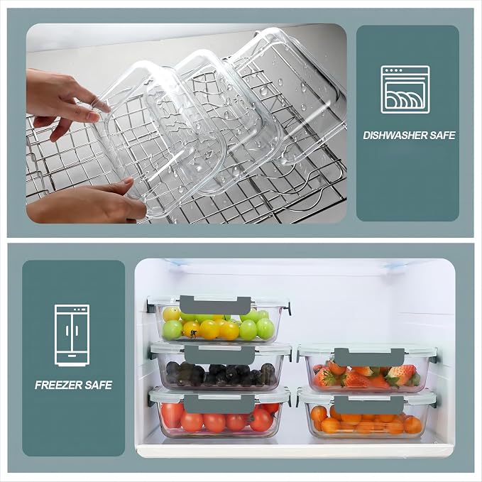 30 oz 5 Pack Glass Meal Prep Containers 2 Compartments, Glass Food Storage Containers with Lids, Airtight Lunch Box, Microwave, Oven and Freezer Safe