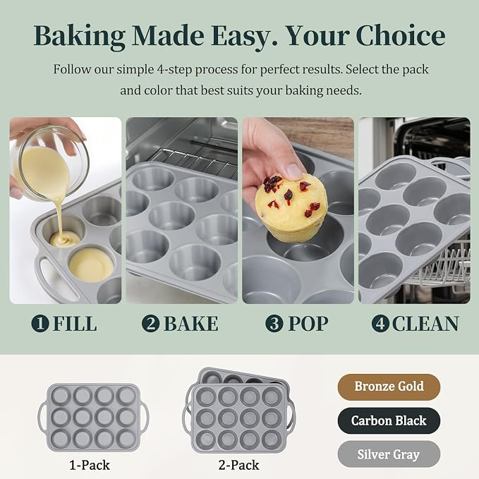 12-Cup Mini Silicone Muffin Pan with Reinforced Steel Frame,Metallic Silver | Regular Size Cupcake Pan, BPA Free Silicone Muffin Tray, Reinforced Steel Frame for Stability, Easy Baking & Cleanup, 2Pk