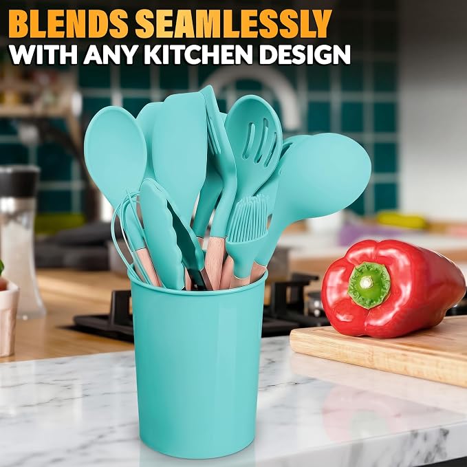 Teal Kitchen Utensils Set with Holder, 12 Pcs, Wooden Handle | BBQ Cooking Utensils that Bake, Serve, Mix & Flip; Silicone Heads Stay Non-Scratch on Nonstick Pots & Pans; Housewarming Gift
