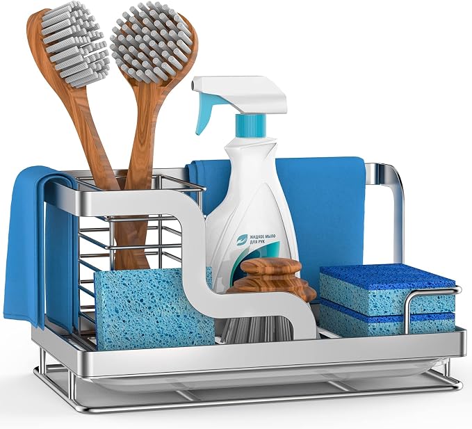 Sink Caddy Organizer, Stainless Steel Countertop Organizer, Sponge Holder with Removable Drain Pan for Sponge, Brush, Dishcloth, Dish Soap, Bottles (Silver)