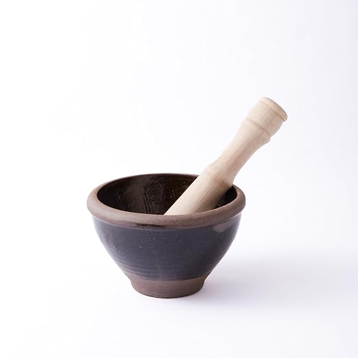 Thai Mortar and Pestle Set, Clay Bowl with Wooden Pestle | Small Traditional Set For Papaya Salad, Curry Paste, Herbs, Spices And Thai-Style Food Preparation
