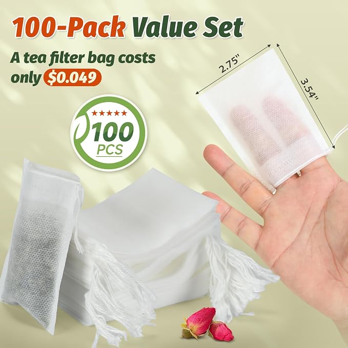 Empty Tea Bags for Loose Leaf Tea, 100Pcs Disposable Tea Infuser Sachets | Fillable Tea Filter Bags with Cotton Drawstring(3.54"X 2.75"), Widely Used for Stewing or Brewing Tea, Coffee, Herb, Spice