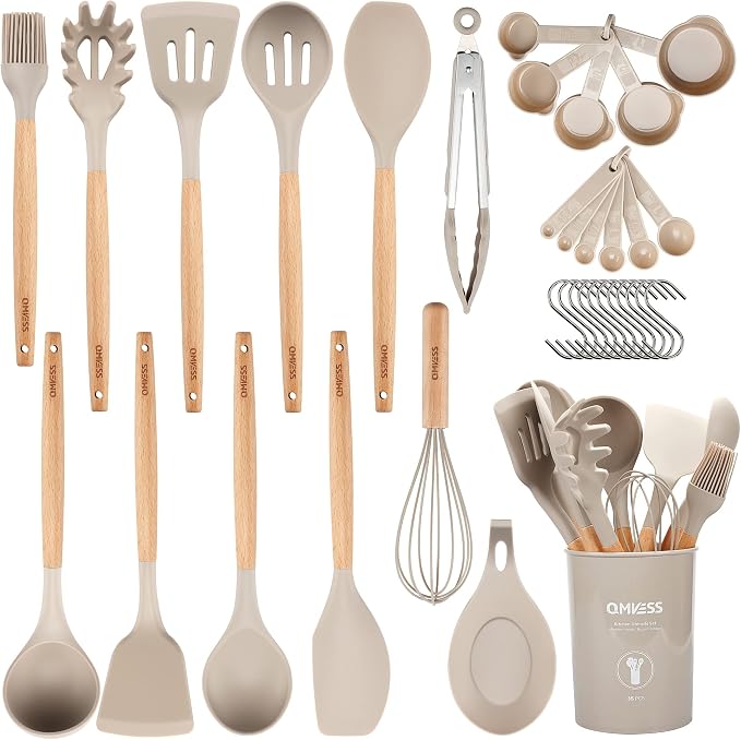 QMVESS Silicone Kitchen Utensils Set, 35 Pcs Non-Stick Cooking Utensils Set, Sturdy Insulation Wooden Handle Kitchen Accessories for Cooking with Spatula Set and Spoons Set Gadgets (Khaki)