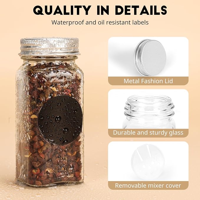 DIDITIME 6Pack Spice Jars with Label, 4oz Empty Square Seasoning Containers | Shaker Lids, DIY Labels| Seasoning, Herbs, Spices Storage| Spice Rack, Cabinet, Drawer | Space-saving, Keep Neat
