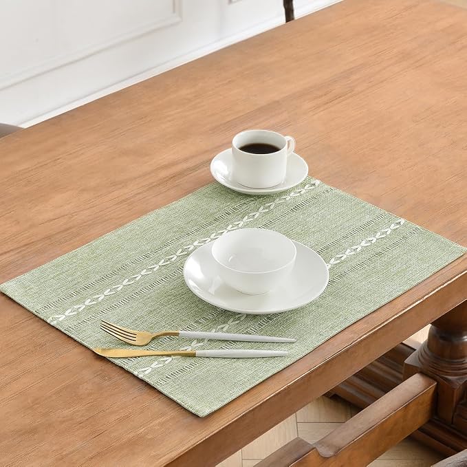 Wracra Cotton Linen Place Mats, Sage Green Embroidered Placemats Set of 8 | Placemats 12 x 18 Inch; Cotton Linen Woven Fabric; Heat Resistant Table Mats; Raised Embroidered Hollow Design