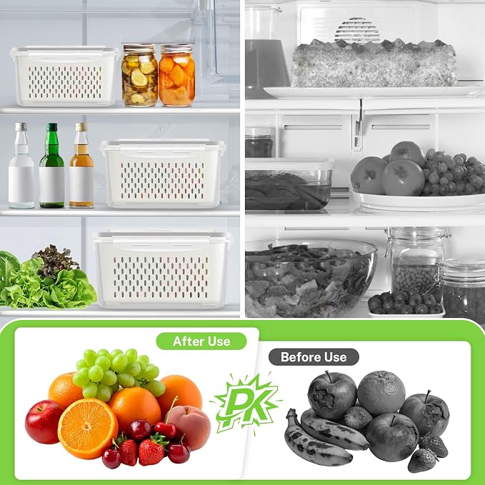 5 Pack Fridge Fruit Storage Containers with Colander, Vent and Handle | BPA Free Plastic, Airtight Stackable Refrigerator Organizer Bins for Berry, Meat, Vegetable