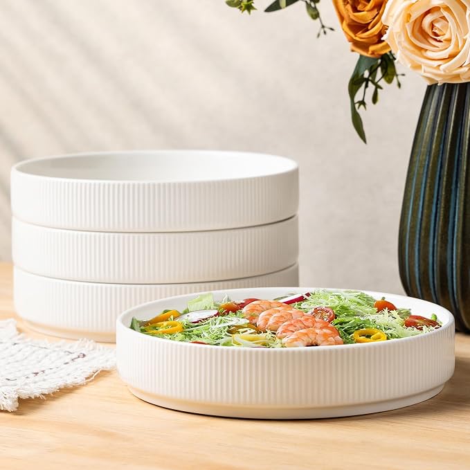 7.5" Ceramic Pasta Bowls Set of 4, Salad Bowls | Versatile Serving Bowls for Pasta, Salad, Fruit & Noodles, Housewarming & Wedding Gift, Bright White