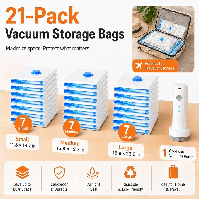 21 Pack Vacuum Bags for Travel with Rechargeable Pump, Save Luggage Space | Transparent Bag Design for Easy Clothing Organization, 1500mAh USB-C Wireless Pump, Ideal for Suitcases, Backpacks, Wardrobes