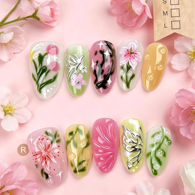 3D Floral Press on Nails Short Almond Fake Nails with Embossed Flower Butterfly Leaf Design Summer Cute Glue on Nails Reusable Acrylic Stick on False Nail Tips for Women Girls Manicure 30Pcs
