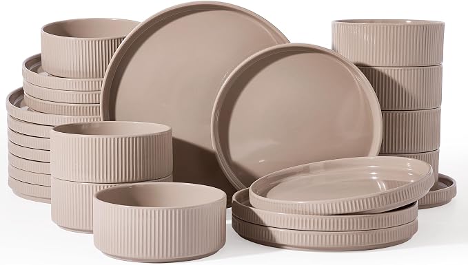 Famiware Stoneware Dinnerware Set for 8, Rimmed Plates, Bowls, Brown Dishes | 24-Piece Ceramic Dishes, Chip & Scratch Resistant , Microwave & Dishwasher Safe, Everyday Dining, Modern Rustic, Lipped Edges