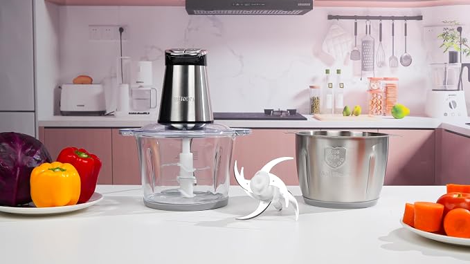 BUMET 800W 2-12cup Food Chopper LED Timer 3-Tier 6 Blades | duo-bowl with LED countdown, 6-edge stainless tier-cutter. Handles roasts, root veg, nuts – bulk family prep made easy.