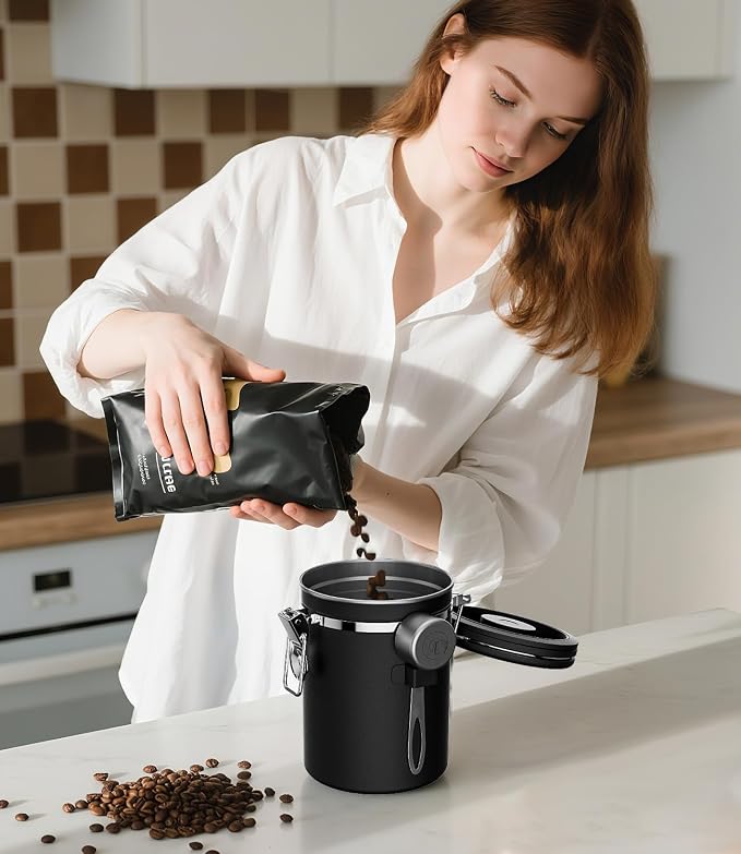 Coffee Gator Coffee Canister, 22oz Airtight Stainless Steel Container | w/ Date Tracker, Scoop, Valve, Kitchen Food Storage Jars for Beans, Ground, Rice, Tea, Sugar, Cookie, Bar Accessories, Black