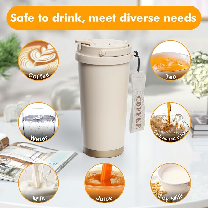 2 Pack 17oz Insulated Coffee Mug, Leakproof Travel Coffee Tumblers With Strap, Vacuum-Insulated Stainless Steel Reusable Coffee Cup for Hot & Cold Drinks