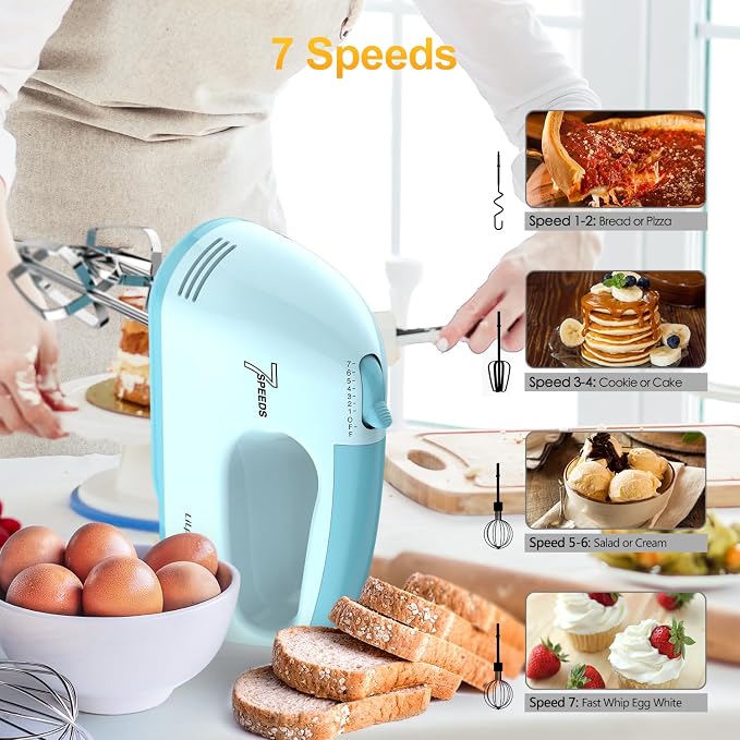 LILPARTNER Electric Hand Mixer with Storage Box, Ultra Power Kitchen Hand Mixer With 7-Speed & 5 Stainless Steel Accessories for Whipping Dough, Cream, Cake, Dishwasher Safe, BLUE BOX