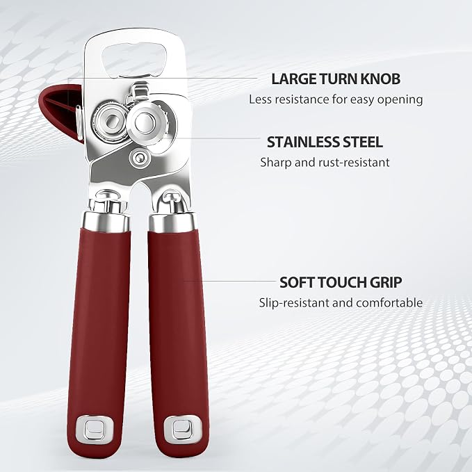Safring Can Opener Manual, Heavy Duty Stainless Steel Smooth Edge Can Openers With Soft Touch Handle, Oversized Handheld Easy Turn Knob, Multi-Function Bottle Opener, Red