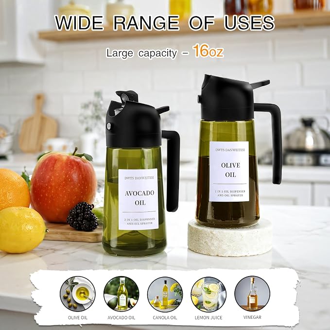 DWTS DANWEITESI Oil Sprayer for Cooking 2pcs,2 in 1 Oil Dispenser and Oil Sprayer Kitchen Gadgets,16oz Dark Green Glass Oil Spray Bottle(Light Blockage),Perfect Kitchen Accessories