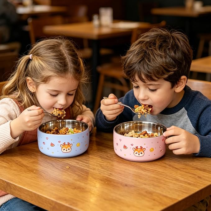 316 Stainless Steel Bowls for Kids 5 Inch - 33oz Toddler Bowls 2-Pack with Cute Animal Print, Non Toxic Dishwasher Safe Baby Bowls for Soup Dessert, BPA Free Unbreakable, Birthday Gift - Pink & Blue