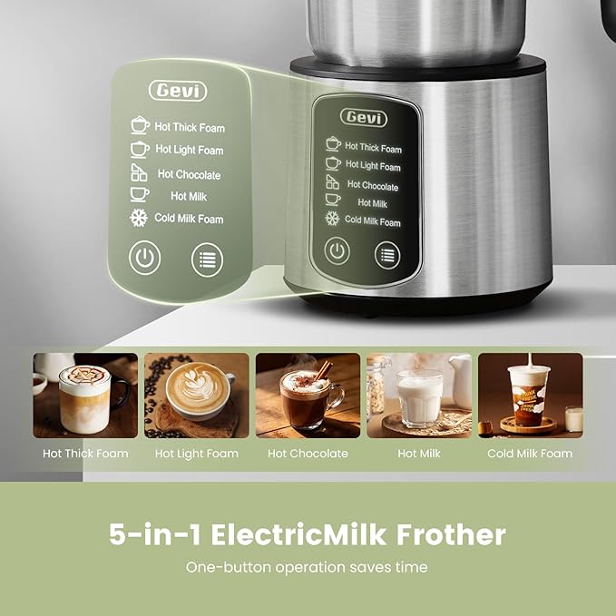Gevi Milk Frother and Steamer,5 in 1 Professional Milk Steamer | Stainless Steel,Easy to Clean,Automatic Warm and Cold Foam Maker,Hot Chocolate Maker
