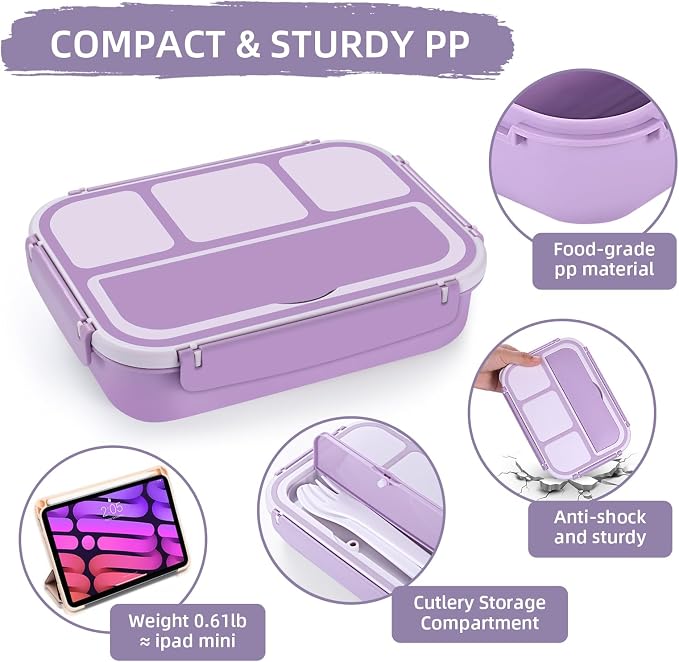 QQKO Bento Box Adult Lunch Box, Lunch Containers for Adults Men Women, Kids Lunch Boxes for School with 4 Compartments, Sauce Container, Utensils and Muffin Cups, Purple