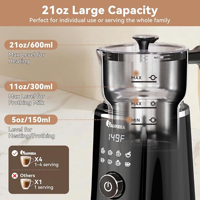 IAGREEA 8 in 1 Milk Frother and Steamer, Stainless Steel, Dishwasher Safe | Detachable Design, Dial Control, 600Ml/600W, 3 Temps (113/131/149°F), Magnetic Drive Creates Thick Creamy, Long-Lasting Foam