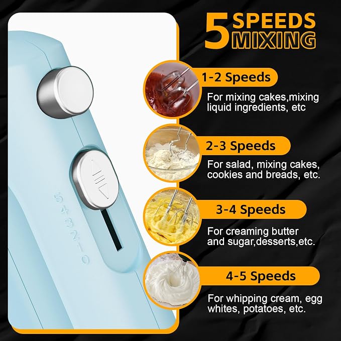 Lord Eagle 5-Speed Small Hand Mixer Electric, 300W Compact Portable, Blue | Handheld Kitchen Mixer Egg Beater with 5 Attachments & Storage Bag, Cake Supplies for Bread Dough Baking, Lightweight