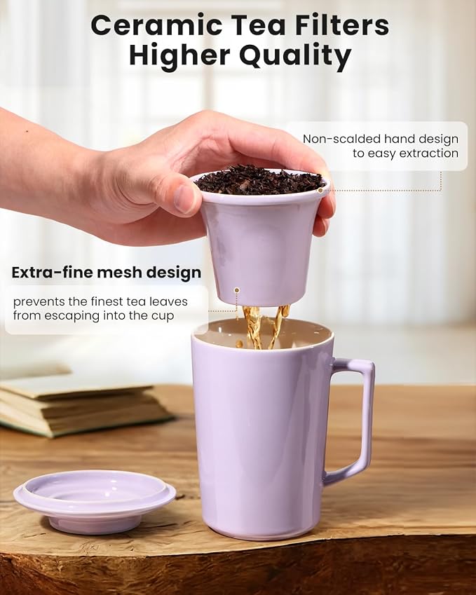 15 OZ Ceramic Tea Cup with Infuser and Lid,Tea Mug with All-Porcelain Strainer for Loose Leaf Teas,Microwave and Dishwasher Safe,Metal-Free,BPA-Free for Tea-Lovers,Birthday (Purple)