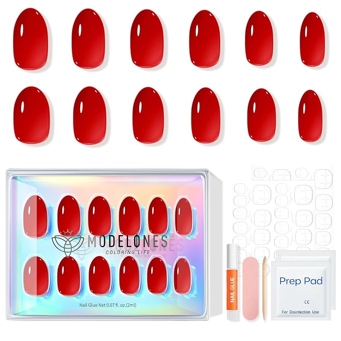 modelones Sheer Red Short Press on Nails, Oval Fake Nails Kit | Semi-Transparent Press Ons with Nail Glue, Adhesive Tabs, Nail File, Prep Pad, Manicure Stick, 32Pcs 16 Sizes, Women Gift