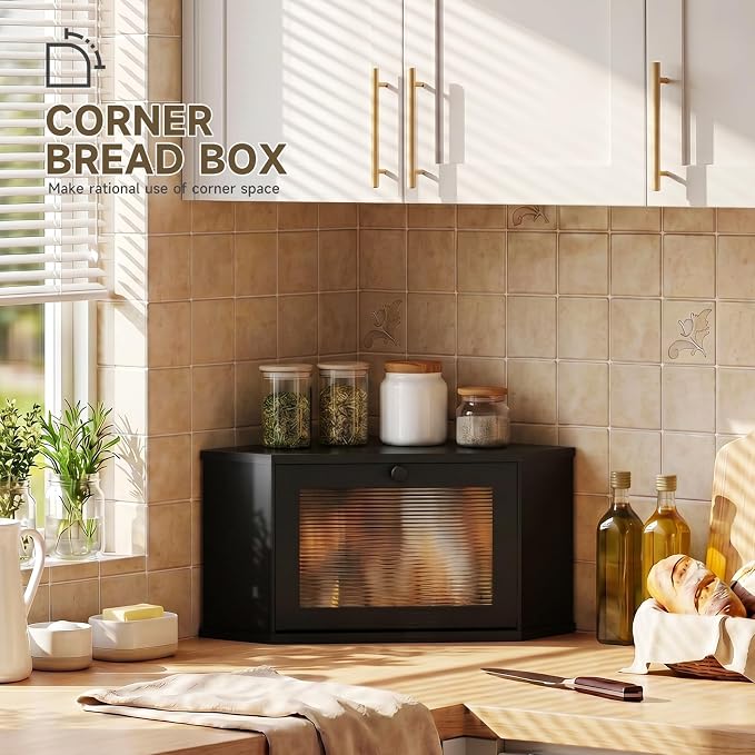 Corner Bread Box For Kitchen Countertop,Bread Storage Bin (Black, Medium) | Small Bamboo Bread Container,Corner Shelf For Kitchen Decor