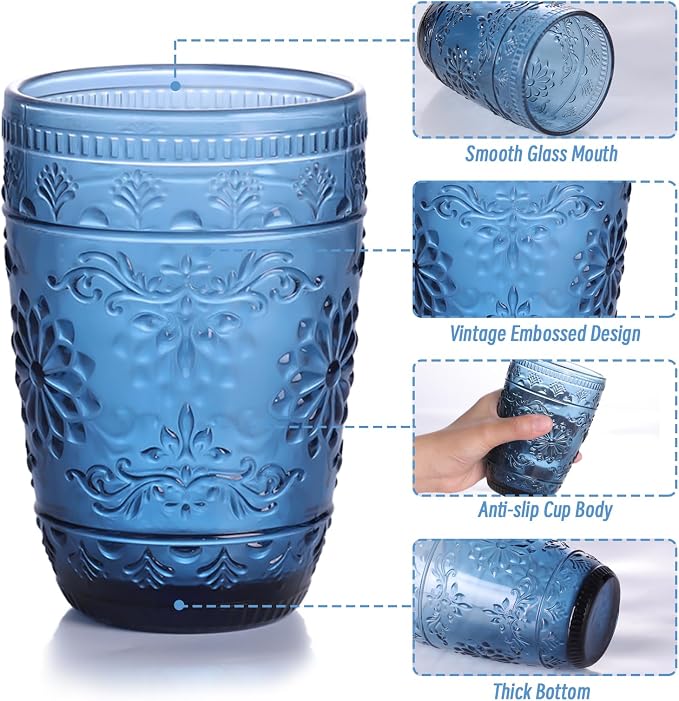 abrwyy Blue Drinking Glasses, Blue Glassware, 14oz Vintage Drinking Glasses | Lead-Free Glass, Thick&Durable Glass, Home Decoration, Drinking Glasses Set of 6