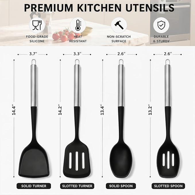 4PCS Silicone Spatula Spoon Set, Large Silicone Cooking Utensils Set with Stainless Steel Handle, Heat Resistant Cooking Spatula Set, Nonstick Solid and Slotted Turners, Serving Spoon (Black Silver)
