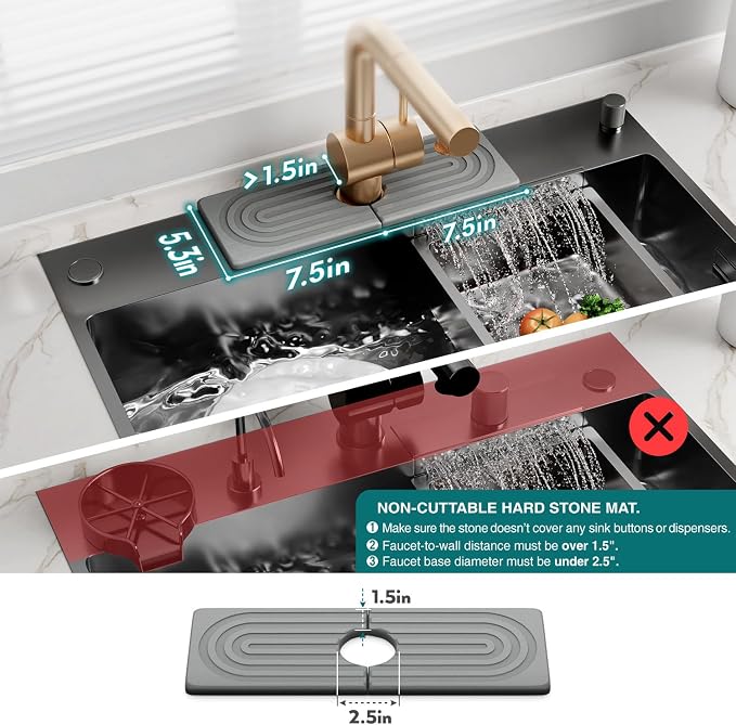 Faucet Mat for Kitchen Sink - Wider Diatomite Fast Drying Stone Sink Tray, Super Absorbent, Prevents Moisture Buildup - Faucet Splash Guard for Bathroom Counter (Grey, 15x5.3inch)