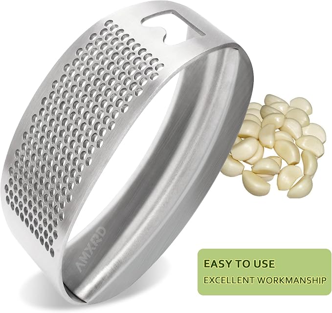Stainless Steel Garlic Press Rocker & Silicone Peeler | Garlic Mincer Crusher Squeezer, Ergonomic Rocker, Kitchen Tool