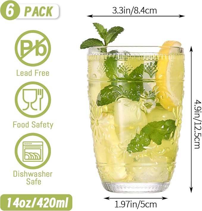 abrwyy Clear Glasses Drinking Set, 14oz Water Glasses, Vintage Glassware | Dishwasher Safe, Non-Slip, Lead-Free Glass, Home Decoration