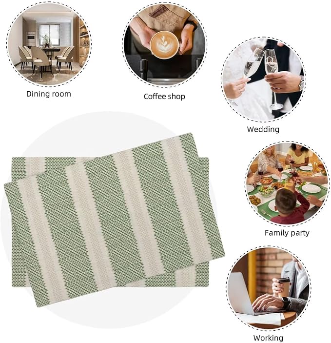 Sage Green Polka Dot Placemats Set of 4, Boho Striped Decorative Table Mat 12 x 18 Inch Heat Resistant Non Slip Line Fabric Modern Geometry Place mat for Holiday Party Kitchen Dining Decor