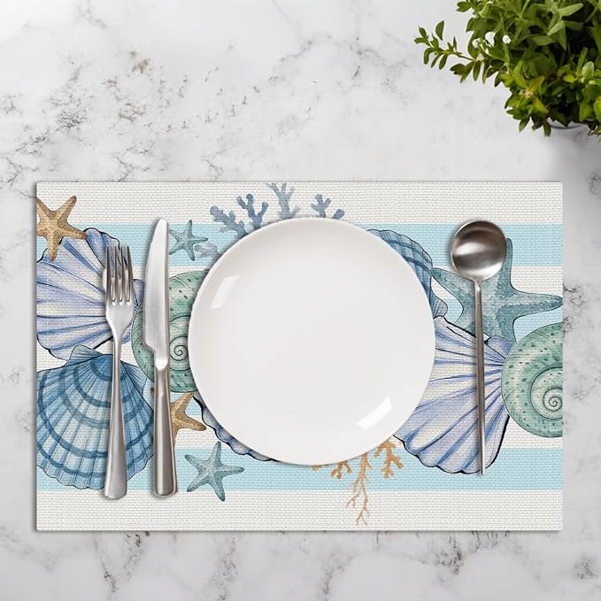 Sea Shell Starfish Beach Placemats Set of 4, Party Kitchen Dining Decor | Seasonal Spring Ocean Coastal Washable Linen Nautical Table Mats wipeable placemats Christmas Festivals Birthday Decor