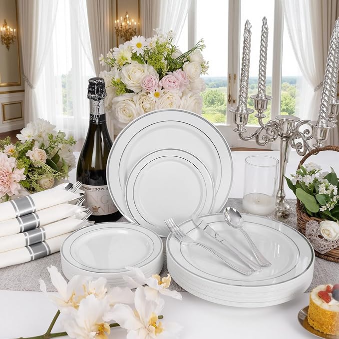 175PCS Sliver Plastic Plates - Silver Plates Disposable - White Plate with Silver Trim 25Guests Plastic Dinnerware Sets with Rolled Napkins for Wedding Baby Shower Spring Birthday