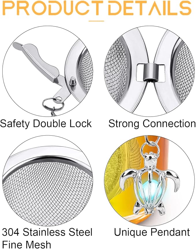 2pcs Tea Infuser TeaSanavie Loose Leaf Tea Steeper Stainless Steel Tea Ball Mesh Tea Strainer Silver Glow In The Dark Turtle Pendant Tea Filter with Extended Chain Hook for Brew Fine Loose Tea Leave