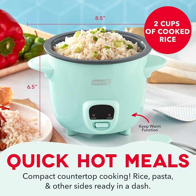 Dash Mini Rice Cooker, 2-Cup Removable Ceramic Nonstick Pot, Aqua | Small Rice Cooker, Rice Maker for One, Keep Warm Function, Cooks Oatmeal, Quinoa & Grains