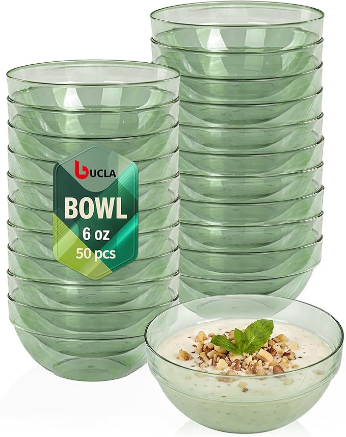 bUCLA 50 Pack Plastic Prep Bowl Sets, 6oz Clear Green Small Pinch Bowls | Small Bowls for Salt, Spices, Chopped Ingredients, Dipping Sauces, Ice Cream Toppings, Pudding