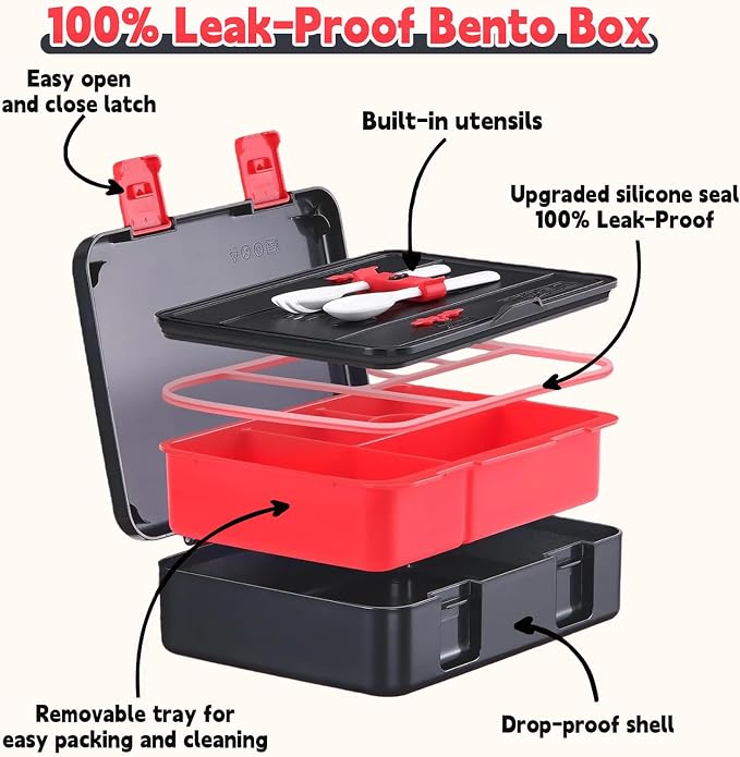 rockpapa Bento Box for Kids - Large 5.5 Cups Lunch Box with Utensils - 5 Compartments, BPA-Free, Leak Proof, Portable Handle for Boys Girls, Microwave/Dishwasher Safe (Black Games)