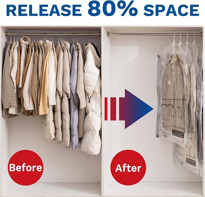 Hanging Vacuum Storage Bags, Space Saver for Clothing, 4 Combo with Pump | Vacuum Seal Bags for Clothing with Electric Pump, Hanging Garment Storage for Jackets, Suit, Dresses, Winter Closet Organizer