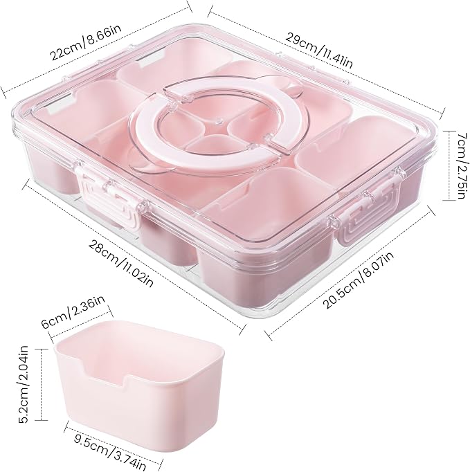 Dingerjar Divided Serving Tray with Lid and Handle - Snackle Box Charcuterie Container for Portable Snack Platters Organizer for Candy, Fruits, Nuts, Snacks - Perfect for Party, Entertaining, Pink