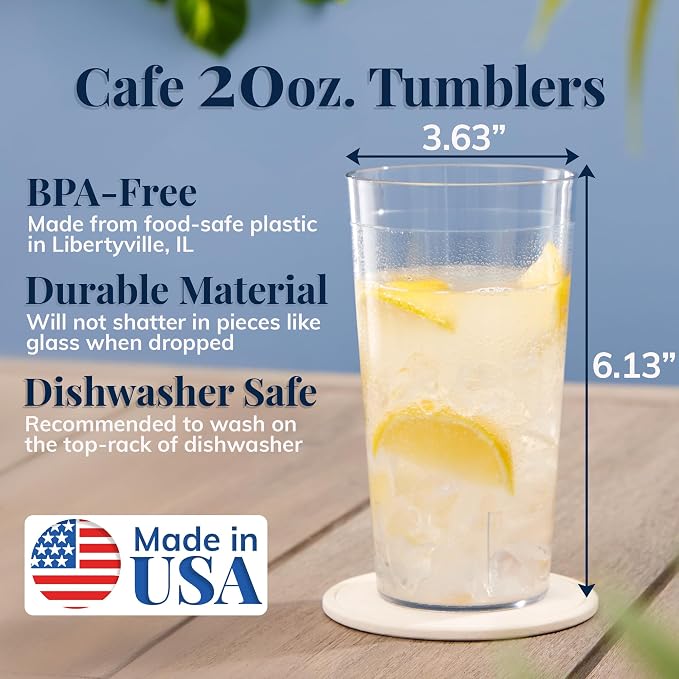 US Acrylic Cafe Plastic Reusable Tumblers (Set of 16) 20-ounce Water Cups in Clear | Value Set of Restaurant Style Drinking Glasses, Stackable, BPA-free, Made in the USA | Top-rack Dishwasher Safe