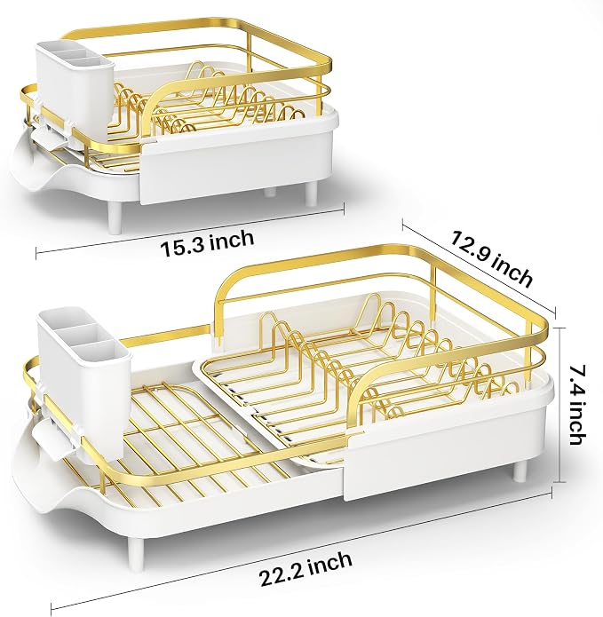 SAYZH Expandable Dish Drying Rack for Small Kitchen Counter, Gold | Stainless Steel, Protective Guardrail, Angled Drainboard, Fits High-Rim Sinks, Removable Utensil Holder