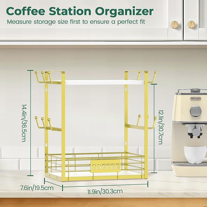 EsLuker.ly Coffee Mug Cup Holder Tree Bar Station Organizer, 2 Tier Gold | Mug Stand Rack for Countertop Kitchen, Storage Tower Display Shelf with 12 Hooks, Coffee Nook Enhancer